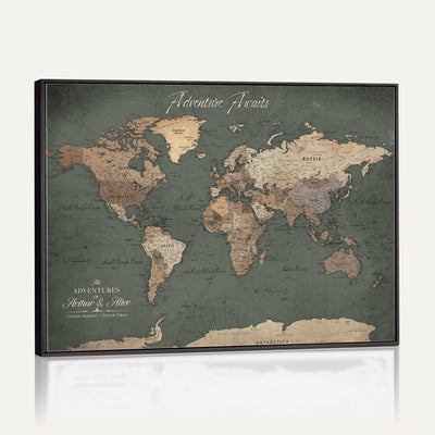 Personalized Framed Beige Modern World Map Canvas with Push Pins, Bucket List Map, Family Room and Dining Room Decor