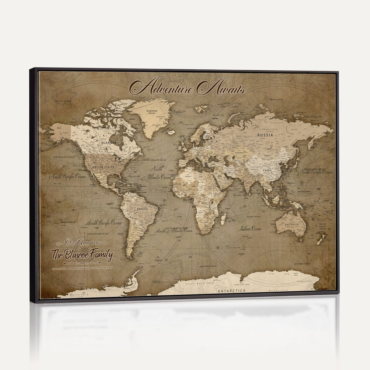 Custom Beige Modern Push Pin World Map Canvas Print, Family Travel Tracker, Dining Room and Home Office Decor