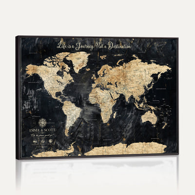Personalized Framed Navy Modern Push Pin World Map Canvas Print, Couples Countries Visited Map, Family Room and Study Decor
