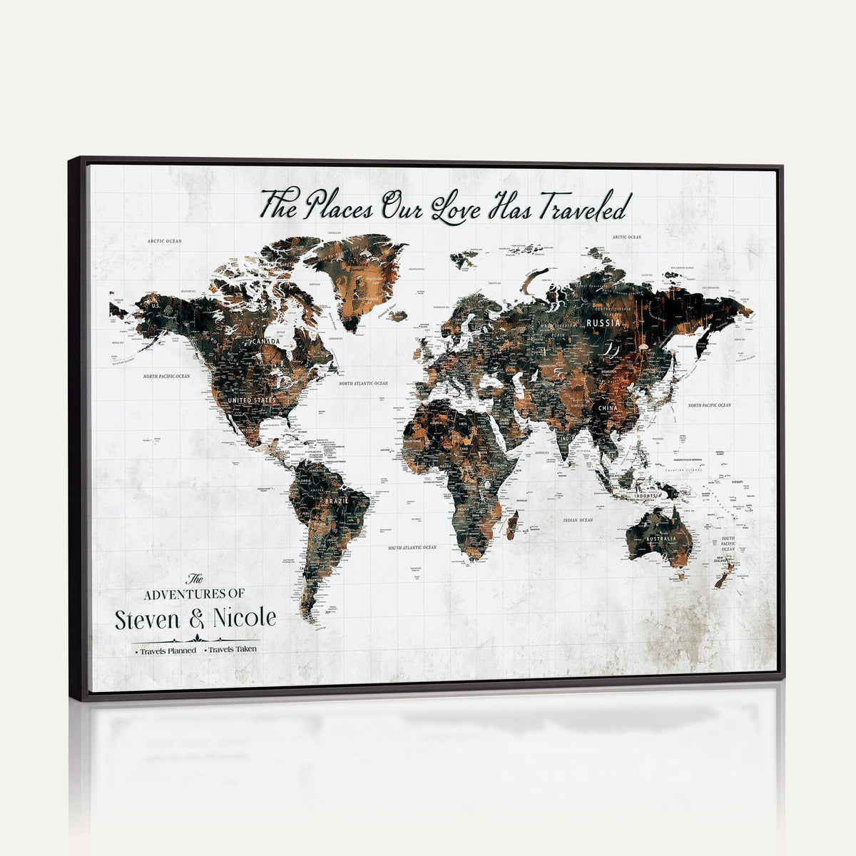 Personalized Beige Push Pin World Map Canvas Print, Honeymoon and Anniversary Gift, Living Room and Dining Room Decor