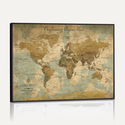 Personalized Navy Push Pin Travel Map Canvas Print, Couples Countries Visited Map, Living Room and Dining Room Decor