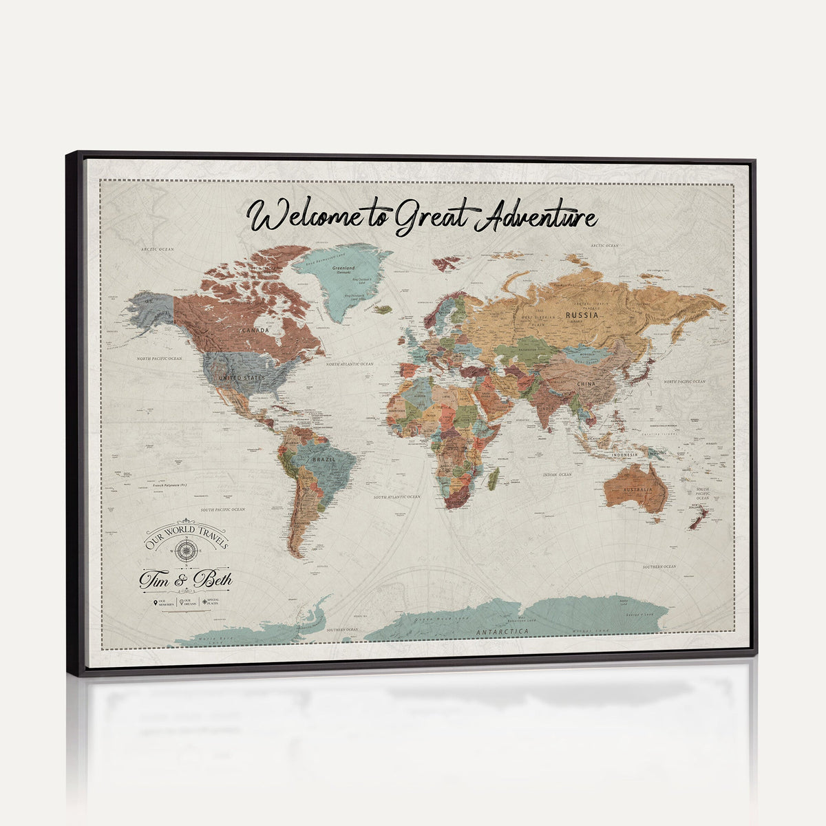 Custom Beige Push Pin World Map Canvas Print, Bucket List Map, Dining Room and Home Office Decor