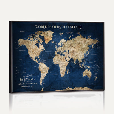35296308-MGV-CV-36X24 - Custom Push Pin World Map Wall Art Canvas Print | Personalized Travel Tracker with Pins Framed Large for Home and Office Decor