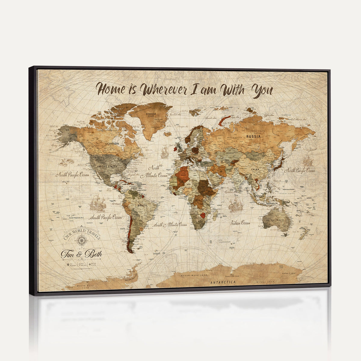 Personalized Framed Black Modern Push Pin World Map Wall Art, Couples Countries Visited Map, Dining Room and Hallway Decor