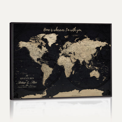Personalized Framed Beige Modern Push Pin World Map Canvas Print, Places Visited Tracker, Family Room and Bedroom Decor