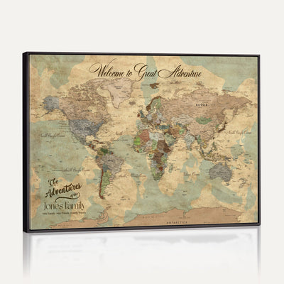 Personalized Framed Navy Vintage Push Pin World Map Wall Art, Places Visited Tracker, Bedroom and Hallway Decor