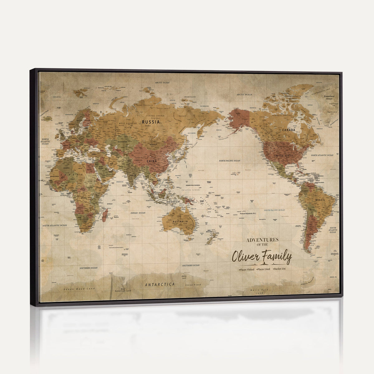Personalized Framed Navy Modern World Map Canvas with Push Pins, Bucket List Map, Living Room and Entryway Decor