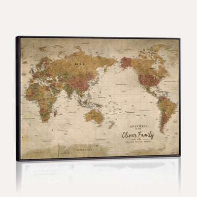 Personalized Framed Navy Modern World Map Canvas with Push Pins, Bucket List Map, Living Room and Entryway Decor