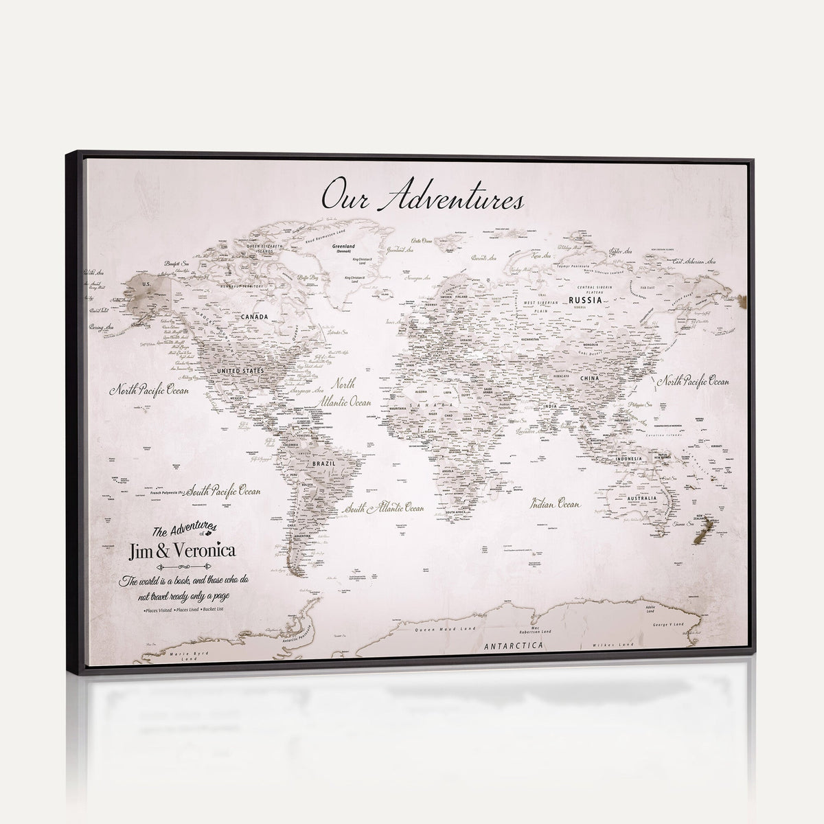 Personalized Beige Vintage World Travel Map Wall Art with Pins, Honeymoon and Anniversary Gift, Entryway and Hallway Decor
