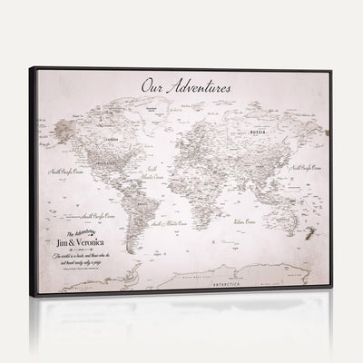 Personalized Beige Vintage World Travel Map Wall Art with Pins, Honeymoon and Anniversary Gift, Entryway and Hallway Decor