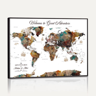 Custom Framed Beige Modern Push Pin World Map Wall Art, Couples Countries Visited Map, Study and Entryway Decor