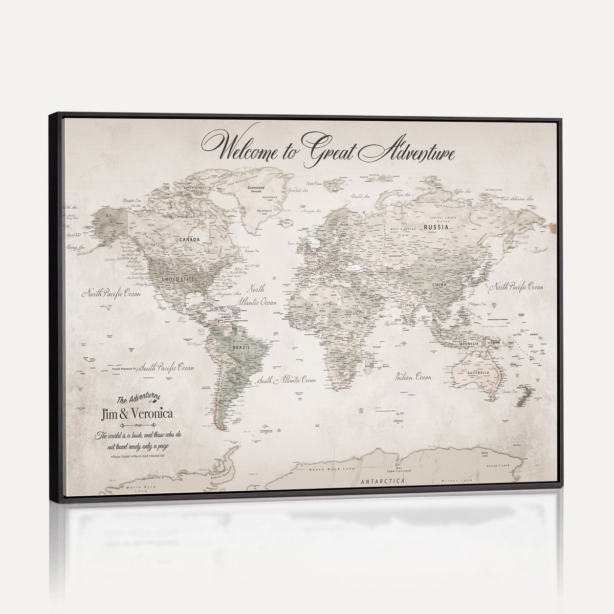 84311132-MGV-CV-36X24 - Personalized Beige World Map Canvas with Push Pins, Places Visited Tracker, Family Room and Entryway Decor