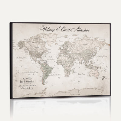 84311132-MGV-CV-36X24 - Personalized Beige World Map Canvas with Push Pins, Places Visited Tracker, Family Room and Entryway Decor
