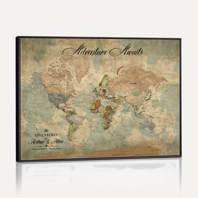 Custom Beige World Travel Map Wall Art with Pins, Bucket List Map, Dining Room and Study Decor