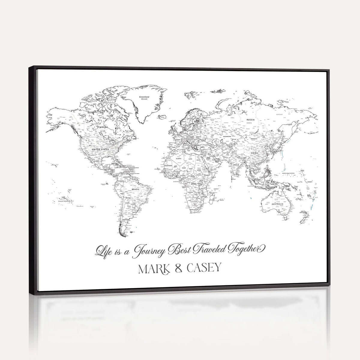 Personalized Framed Beige Modern Push Pin Travel Map Canvas Print, Couples Countries Visited Map, Living Room and Family Room Decor