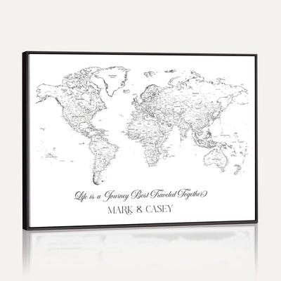 Personalized Framed Beige Modern Push Pin Travel Map Canvas Print, Couples Countries Visited Map, Living Room and Family Room Decor