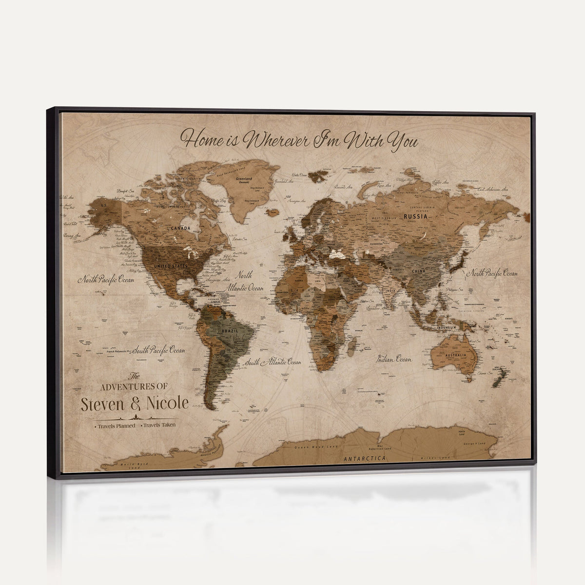 Personalized Framed Beige World Map Canvas with Push Pins, Honeymoon and Anniversary Gift, Living Room and Hallway Decor