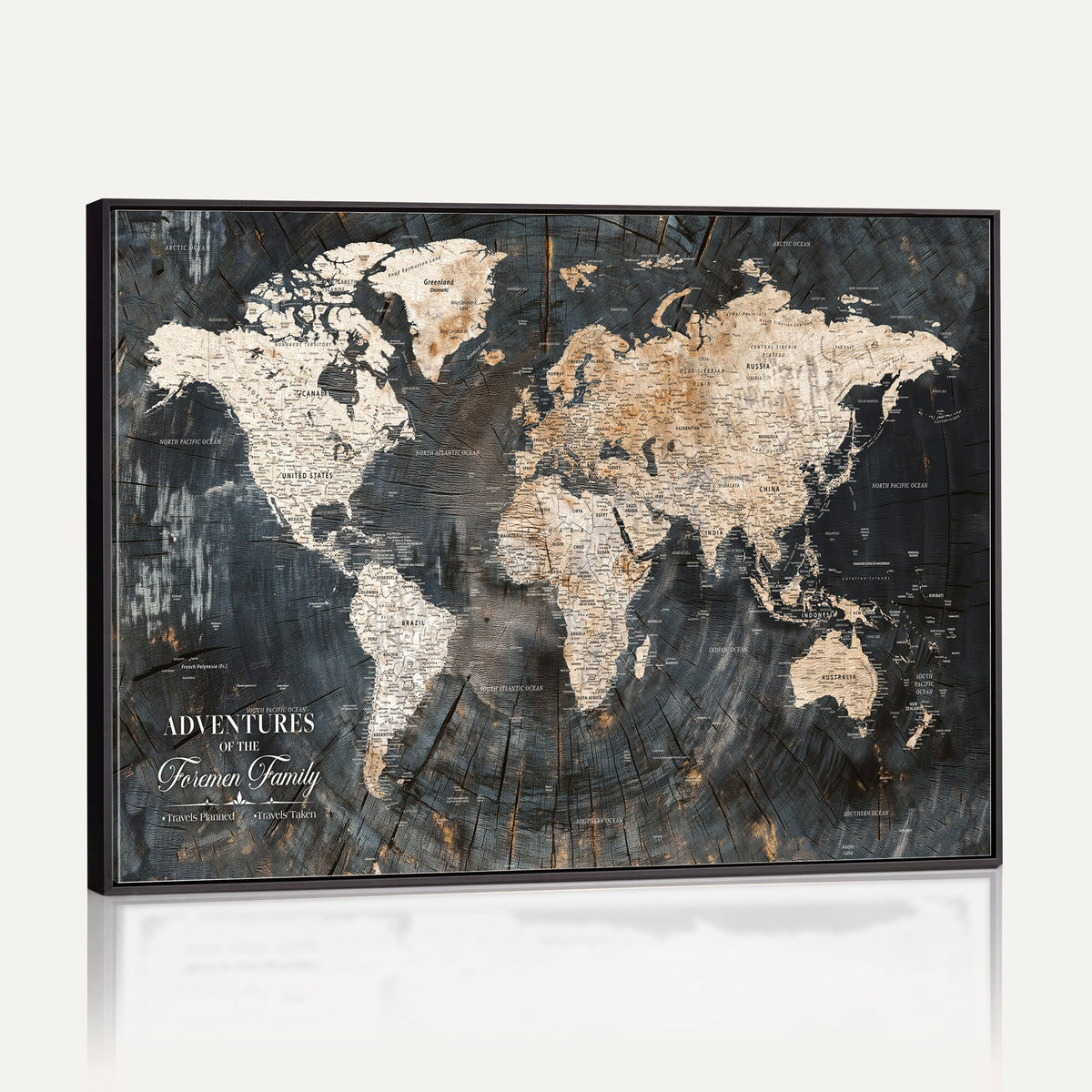 Personalized Framed Beige Push Pin World Map Canvas Print, Bucket List Map, Living Room and Hallway Decor