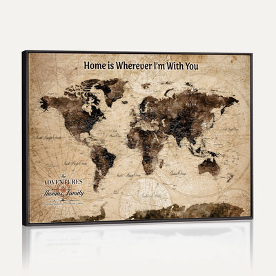 Personalized Framed Beige Modern World Travel Map Wall Art with Pins, Family Adventure Map, Living Room and Hallway Decor