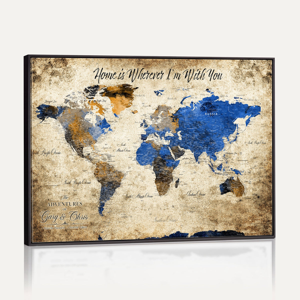 Personalized Framed Beige World Map Canvas with Push Pins, Honeymoon and Anniversary Gift, Living Room and Home Office Decor