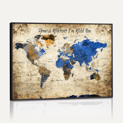 Personalized Framed Beige World Map Canvas with Push Pins, Honeymoon and Anniversary Gift, Living Room and Home Office Decor