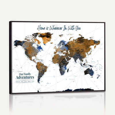 Personalized Framed Beige Modern Push Pin World Map Wall Art, Next Trip Planner Map, Family Room and Home Office Decor
