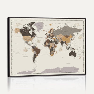 58777746-MGV-CV-36X24 - Custom Beige Modern Push Pin World Map Canvas Print, Places Visited Tracker, Bedroom and Study Decor