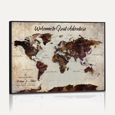 64110391126-MGV-CV-36X24 - Custom Beige World Travel Map Wall Art with Pins, Places Visited Tracker, Family Room and Entryway Decor
