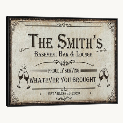 Custom Basement Bar & Lounge Sign Canvas, Personalized Family Name Art