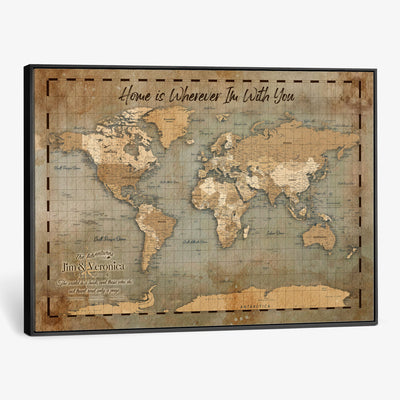 97123877-MGV-CV-36X24 - Vintage Custom Push Pin World Map Print - Vintage Travel Map Canvas, Personalized Names Anniversary Gift, Places Visited Pin Board