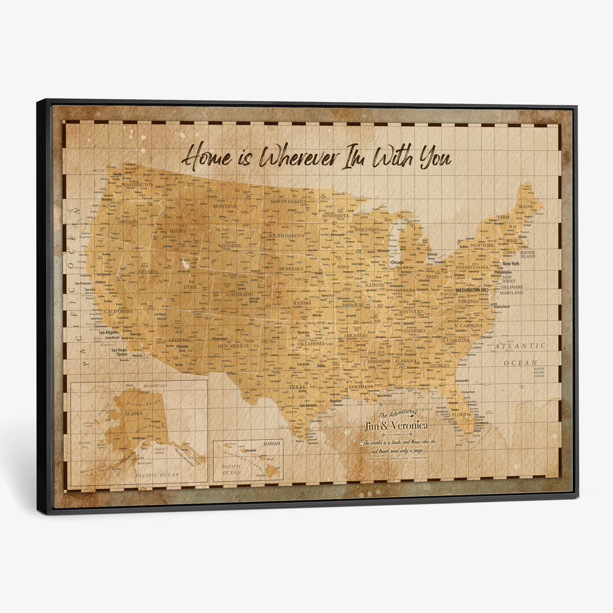 62164711-MGV-CV-36X24 - Personalized USA Push Pin Travel Map, Custom United States Map, Push Pin Map, USA Bucket List Map, Anniversary Gift - Couple Travel Map Wall Art