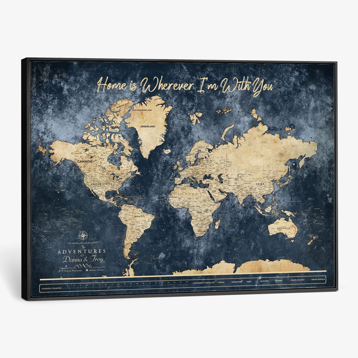 400867BL-MGV-CV-36X24 - Framed Blue Custom Push Pin World Map Canvas Print | Personalized Travel Map Wall Art