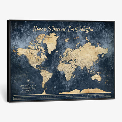 400867BL-MGV-CV-36X24 - Framed Blue Custom Push Pin World Map Canvas Print | Personalized Travel Map Wall Art