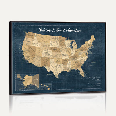 58851035-MGV-CV-36X24 - Custom Cream Push Pin USA Map Canvas Print, 50 State Bucket List Map, Family Room and Hallway Decor