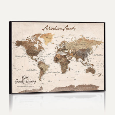 84865191-MGV-CV-36X24 - Our Family Adventures Push Pin World Map Wall Art Canvas Print - Family Travel Tracker Map with Pins