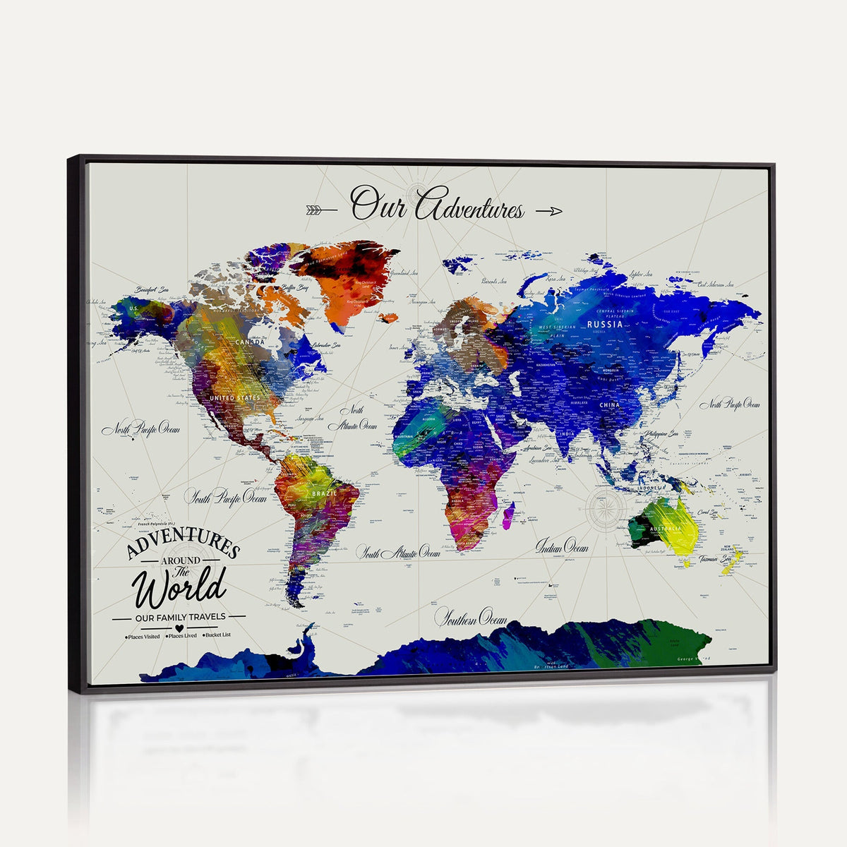 88162438-MGV-CV-36X24 - Our Family Adventures Push Pin World Map Wall Art Canvas Print | Family Travel Tracker Map with Pins