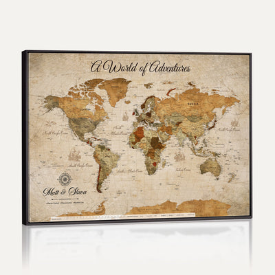 88768647-MGV-CV-36X24 - Extra Large Framed Personalize Push Pin World Map Wall Art Canvas Print for Travel Tracking