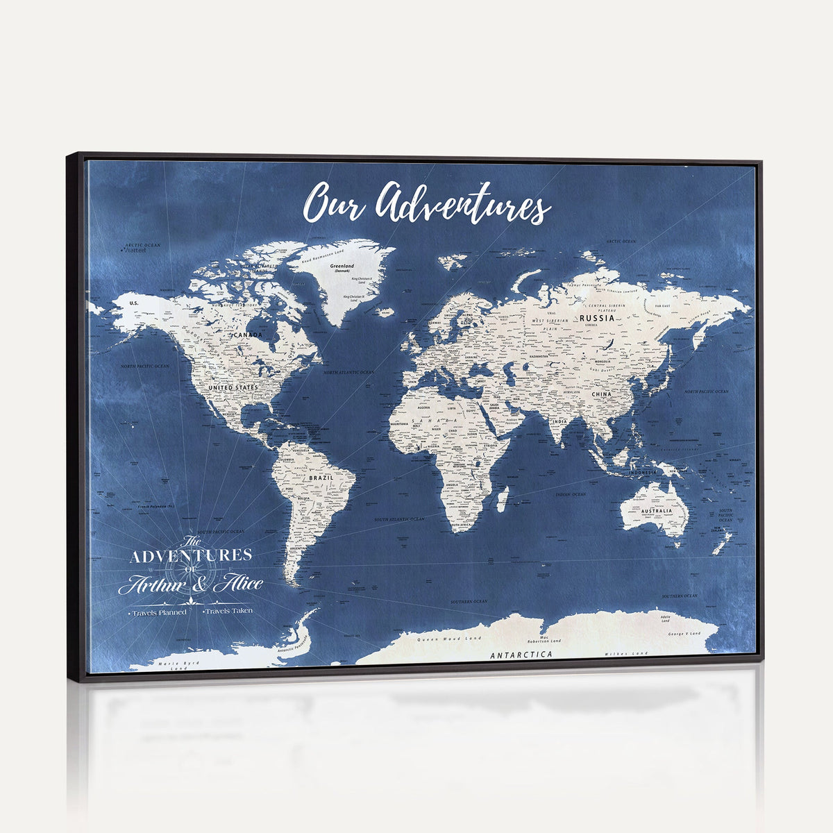 75405527-MGV-CV-36X24 - Extra Large Framed Personalize Push Pin World Map Wall Art Canvas Print for Travel Tracking - NEWMAP-113A