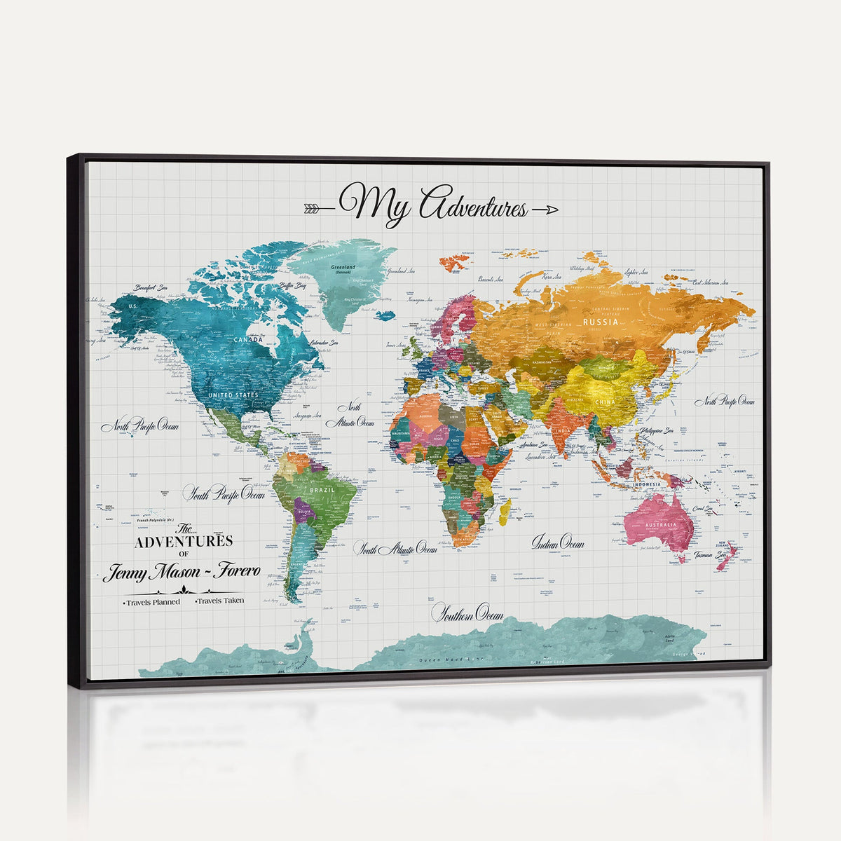 66743043-MGV-CV-36X24 - Extra Large Framed Personalize Push Pin World Map Wall Art Canvas Print for Travel Tracking - NEWMAP-131