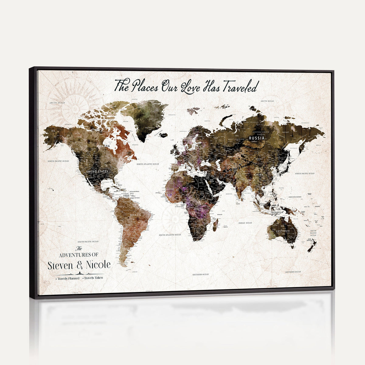 18074626D3D-MGV-CV-36X24 - Extra Large Framed Personalized Push Pin World Map Wall Art Canvas Print for Travel Tracking