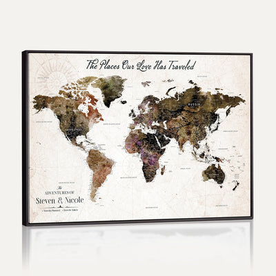 18074626D3D-MGV-CV-36X24 - Extra Large Framed Personalized Push Pin World Map Wall Art Canvas Print for Travel Tracking