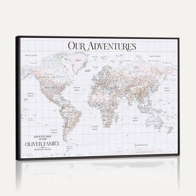 18074626D3DD-MGV-CV-36X24 - Extra Large Framed Personalized Push Pin World Map Wall Art Canvas Print for Travel Tracking
