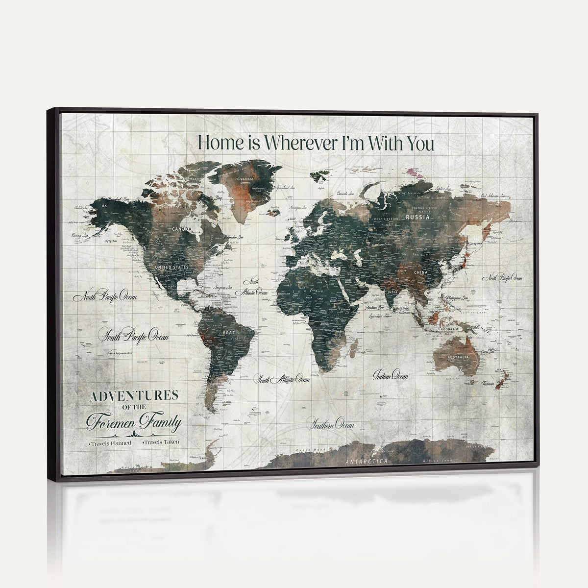 Personalized Framed Beige Push Pin Travel Map Canvas Print, Family Travel Tracker, Home Office and Hallway Decor