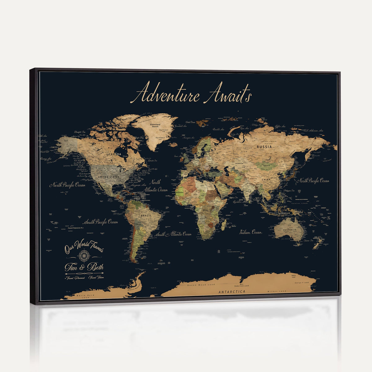 Custom Beige Push Pin World Map Wall Art, Family Travel Tracker, Home Office and Study Decor