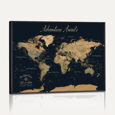 Custom Beige Push Pin World Map Wall Art, Family Travel Tracker, Home Office and Study Decor
