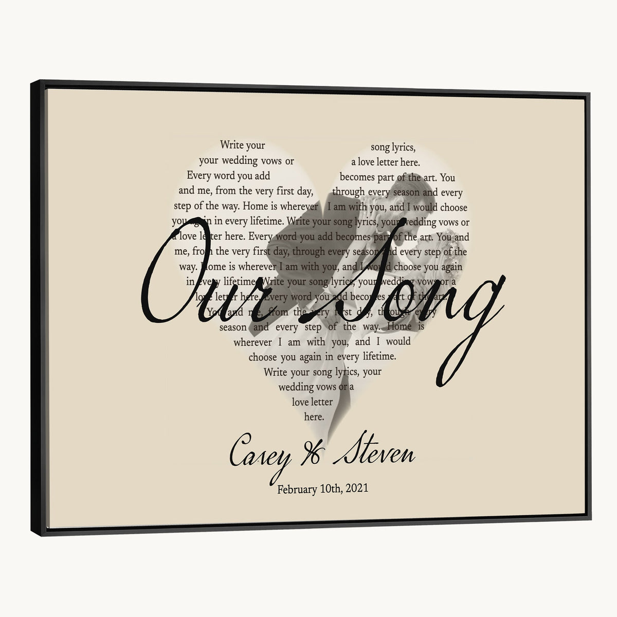 CSTM911D-MGV-CV-36X24 - Lyrics Heart Canvas Print – Personalized Song Lyrics in a Heart Shape Wall Art