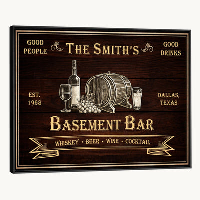 Custom Basement Bar Sign Canvas, Personalized Family Home Bar Wall Art