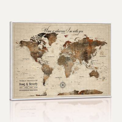 Large Custom Framed Beige Vintage World Travel Map Wall Art with Pins, Couples Countries Visited Map, Living Room and Hallway Decor