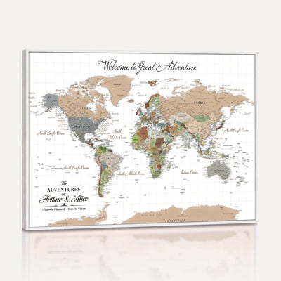 85396539-MGV-CV-36X24 - Custom Beige Push Pin World Map Wall Art, Bucket List Map, Study and Hallway Decor