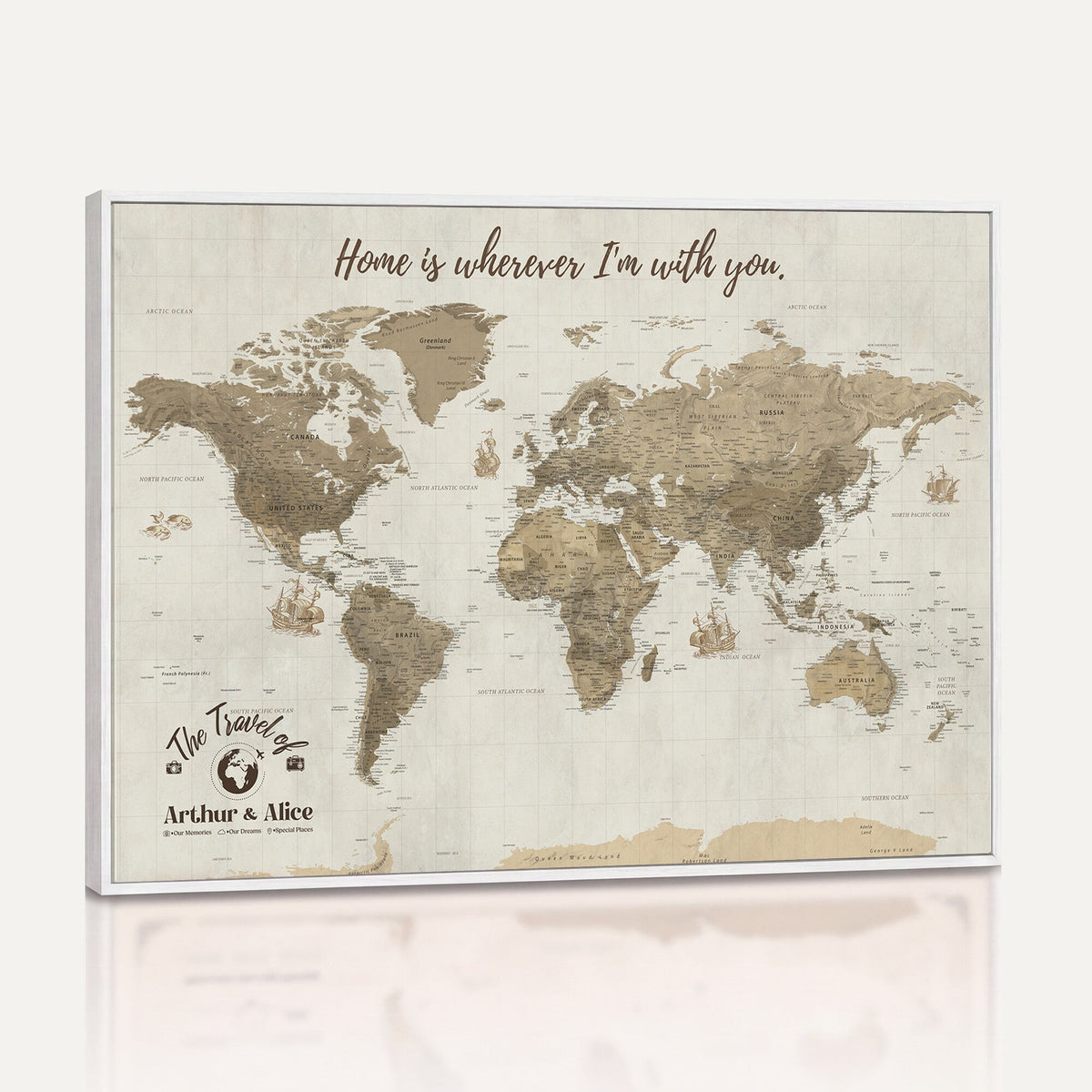 Custom Beige Geometric World Map Canvas with Push Pins, Honeymoon and Anniversary Gift, Dining Room and Hallway Decor